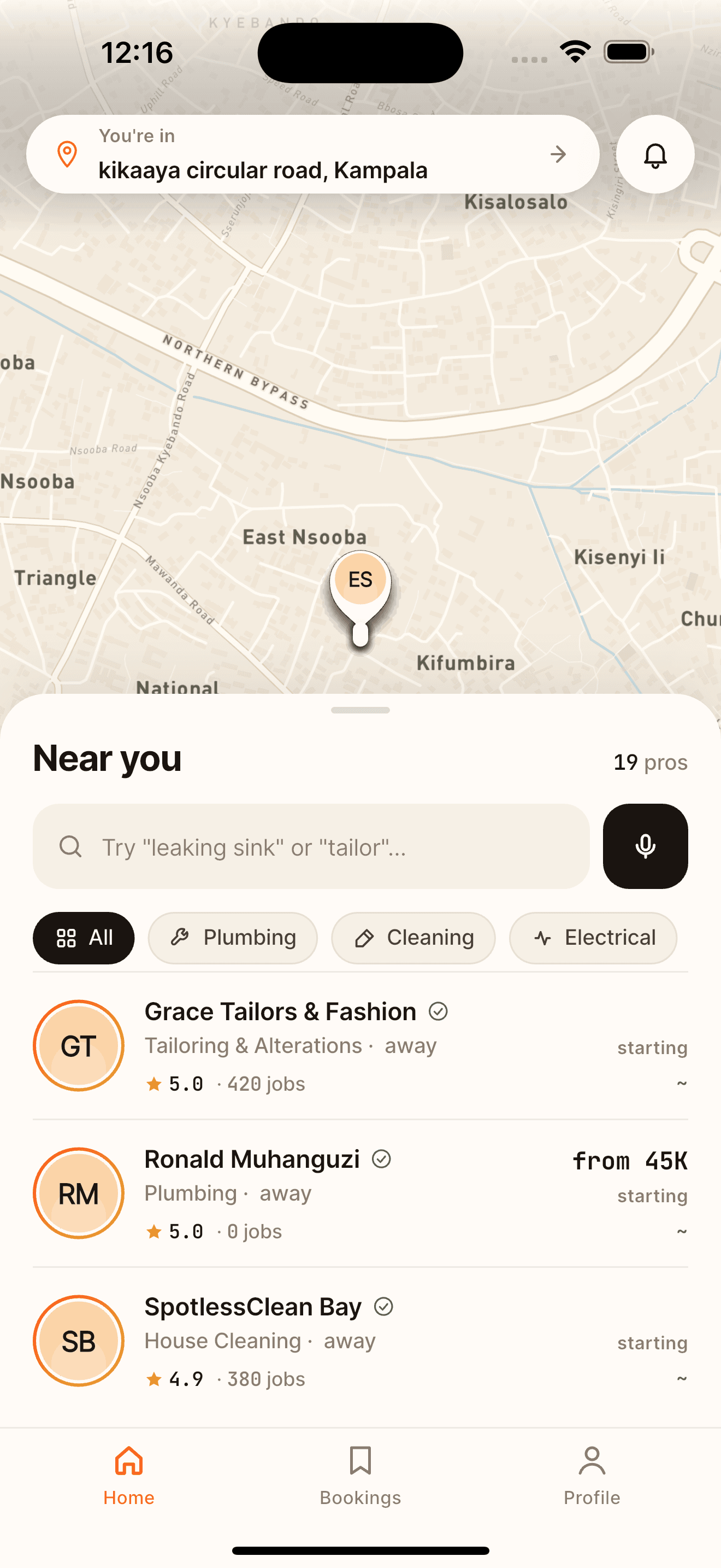 Haraki app showing verified service providers near you in Kampala